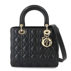 Chiristian Dior Lady Dior Medium Hand Shoulder Bag Leather Black